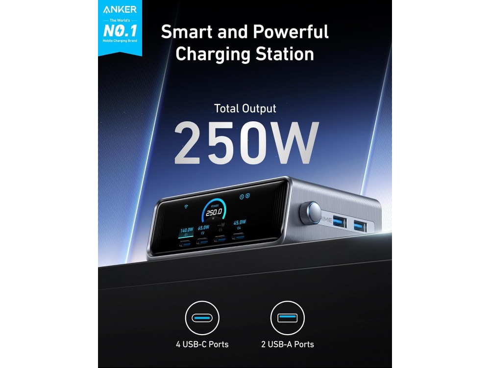 Anker GaN Prime Charging Station 250W με 4*USB-C, 2*USB-A & Οθόνη LCD, Γκρί