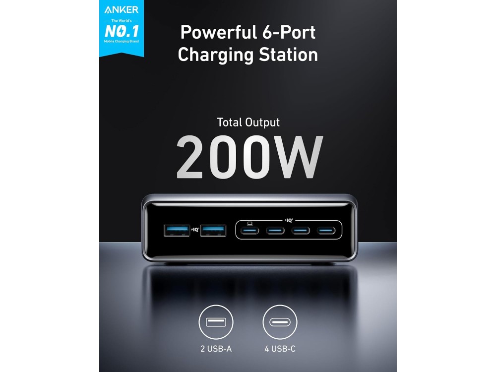 Anker Prime Φορτιστής πρίζας 6-θυρών 200W Type-C με GaNPrime PD / PIQ4.0 / PPS, Black