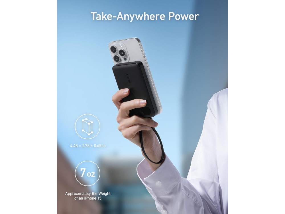 Anker Power Bank 10k mAh, 22.5W, PowerIQ, PD, με Ενσωματωμένο Καλώδιο USB-C σε USB-C, 2x USB-C & 1x USB-A Ports, Black