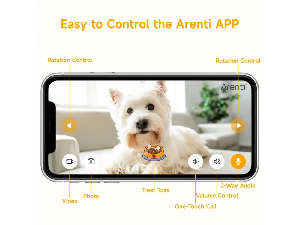 Arenti PETCAM1T, Pet Treat Camera, 2K IP Camera with WiFi, 355° AI Motion Detection, Auto-Tracking & Dog Barking Alerts, White