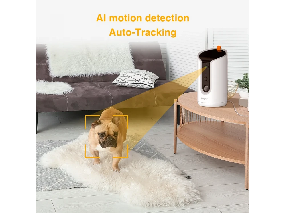 Arenti PETCAM1T, Pet Treat Camera, 2K IP Camera with WiFi, 355° AI Motion Detection, Auto-Tracking & Dog Barking Alerts, White