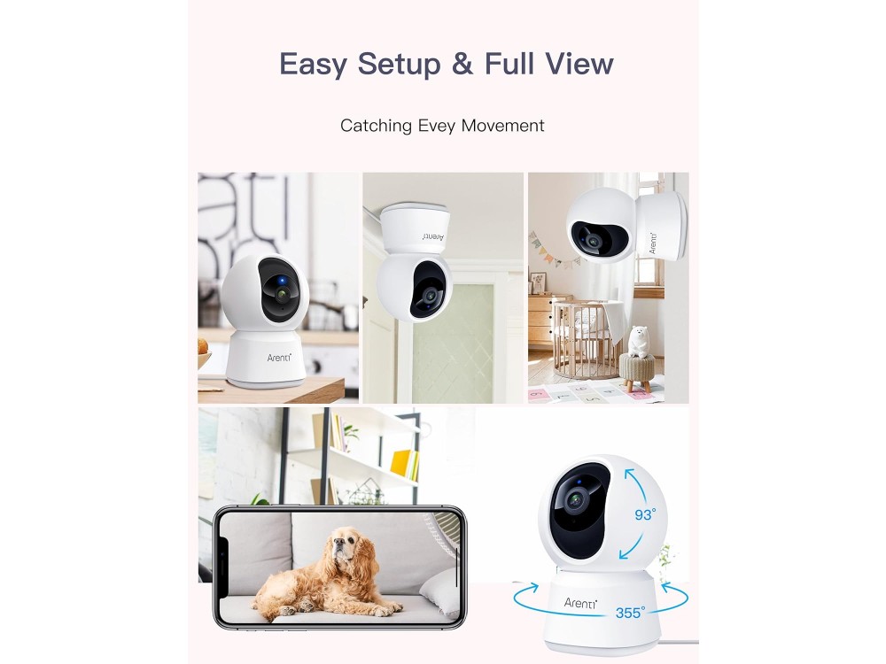 Arenti P2Q IP Camera 2.5K, 4MP 360° Pan & Tilt, Νυχτερινή όραση, 2-Way Audio, WiFi & ανίχνευση κίνησης με Human & Pet AI, White