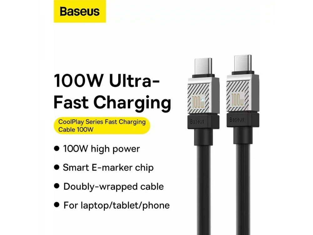 Baseus Coolplay Καλώδιο USB-C σε USB-C 100W, 2μ. με Διπλή Πλέξη, Black