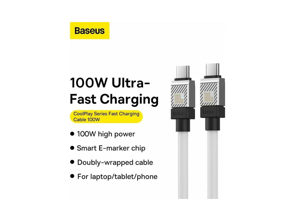 Baseus Coolplay Καλώδιο USB-C σε USB-C 100W, 2μ. με Διπλή Πλέξη, White