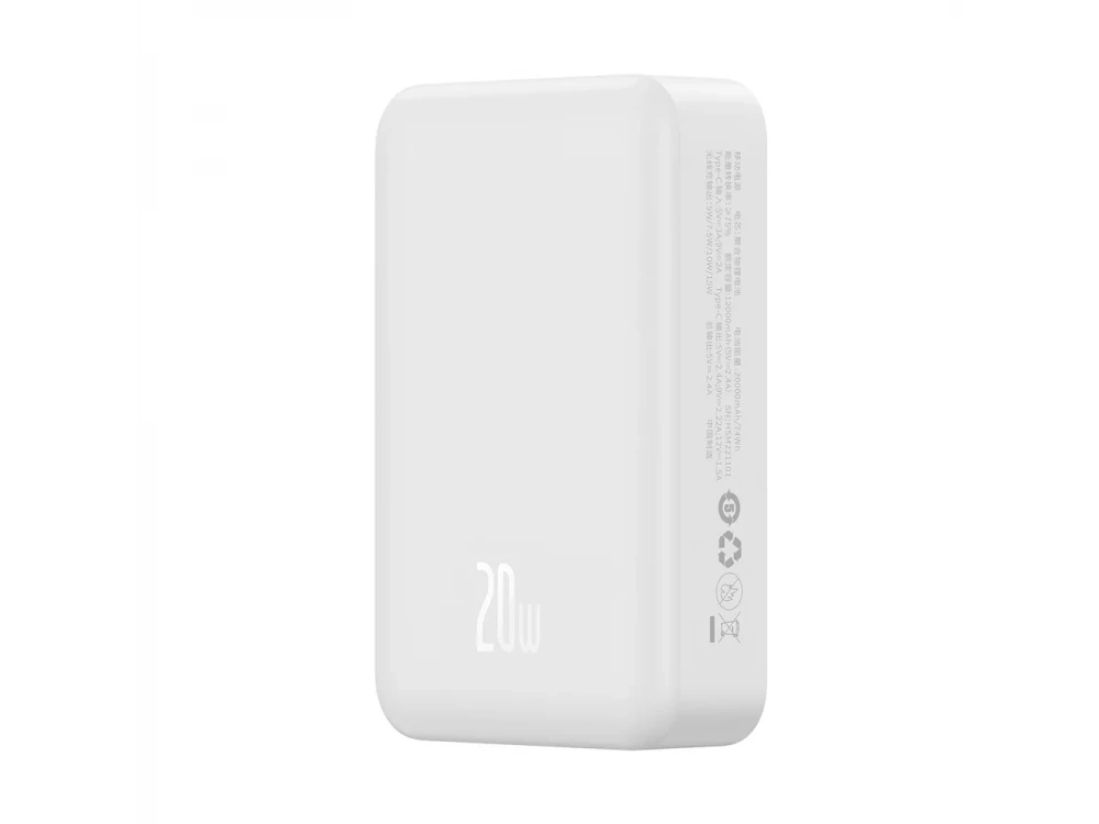 Baseus Mini Power Bank 20000mAh 20W με Θύρα USB-C Power Delivery & Ασύρματη Φόρτιση, Λευκό