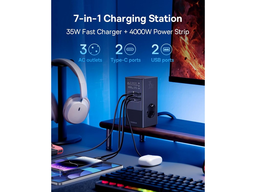 Baseus PowerCombo, Βάση Φόρτισης 135W, 3x AC, 2x USB-C, 2x USB-A με Καλώδιο 1.5m, Black