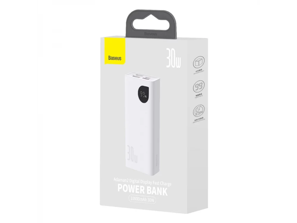 Baseus Adaman2 Power Bank 10000mAh 30W με 2 Θύρες USB-A και 1*USB-C Power Delivery / QC 3.0 / VOOC & Καλώδιο Type-C, White