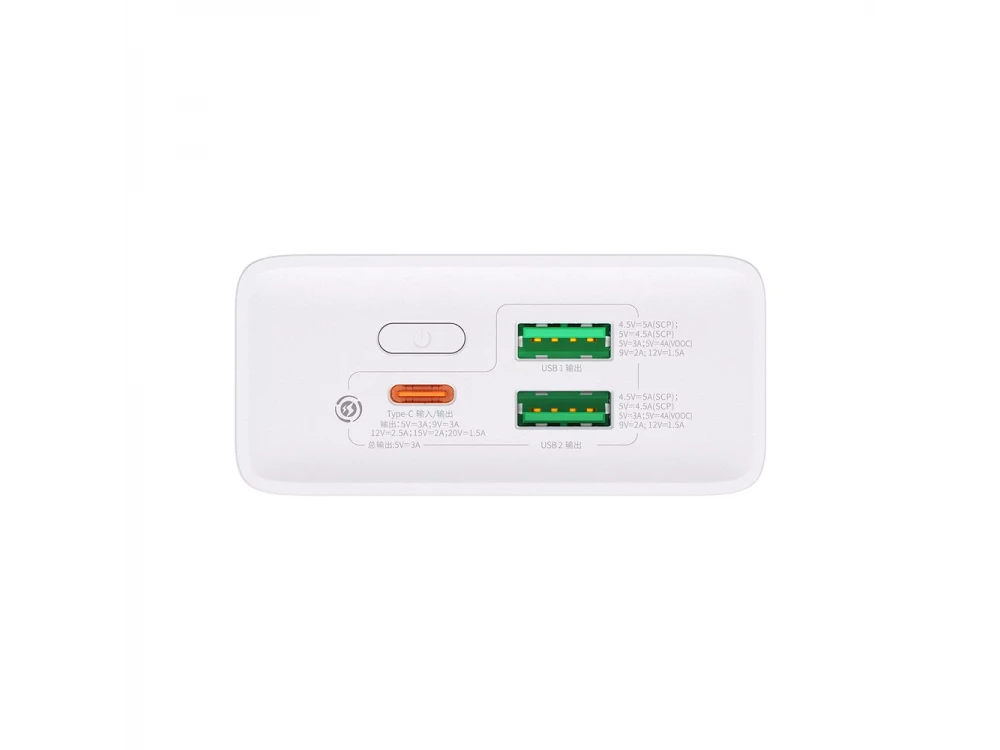 Baseus Adaman2 Power Bank 20000mAh 30W με 2 Θύρες USB-A & 1 Θύρα USB-C Power Delivery / Quick Charge 3.0, White