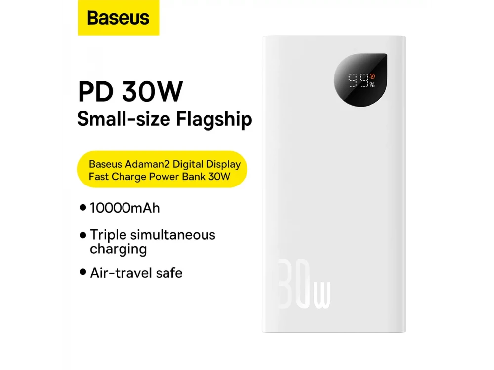 Baseus Adaman2 Power Bank 10000mAh 30W με 2 Θύρες USB-A και 1*USB-C Power Delivery / QC 3.0 / VOOC & Καλώδιο Type-C, White