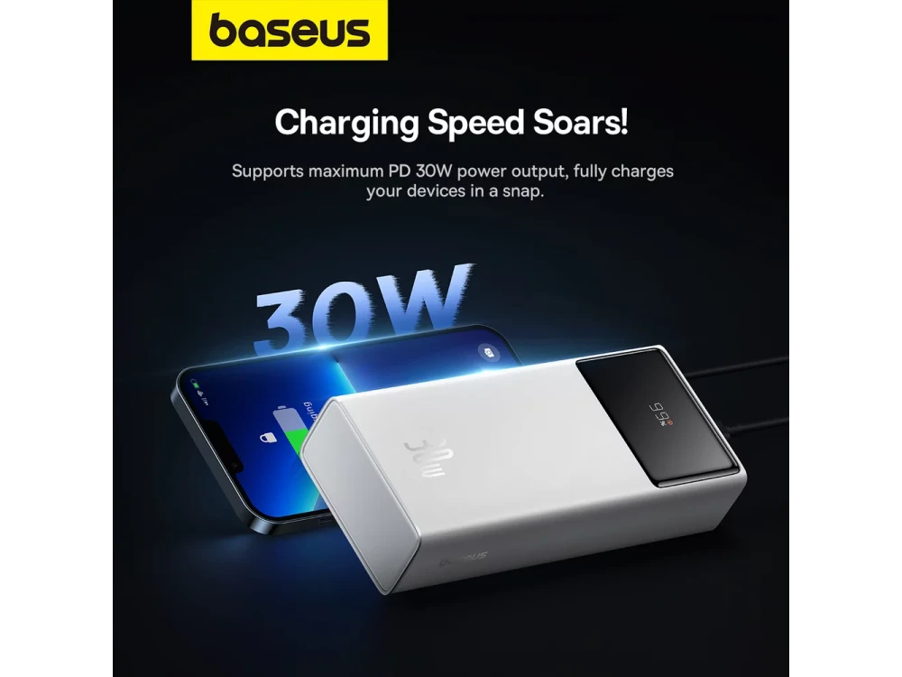 Baseus Star-Lord Power Bank 30k mAh, 30W, PowerIQ, PD, με Καλώδιο USB-A σε USB-C & Ένδειξη LED, White