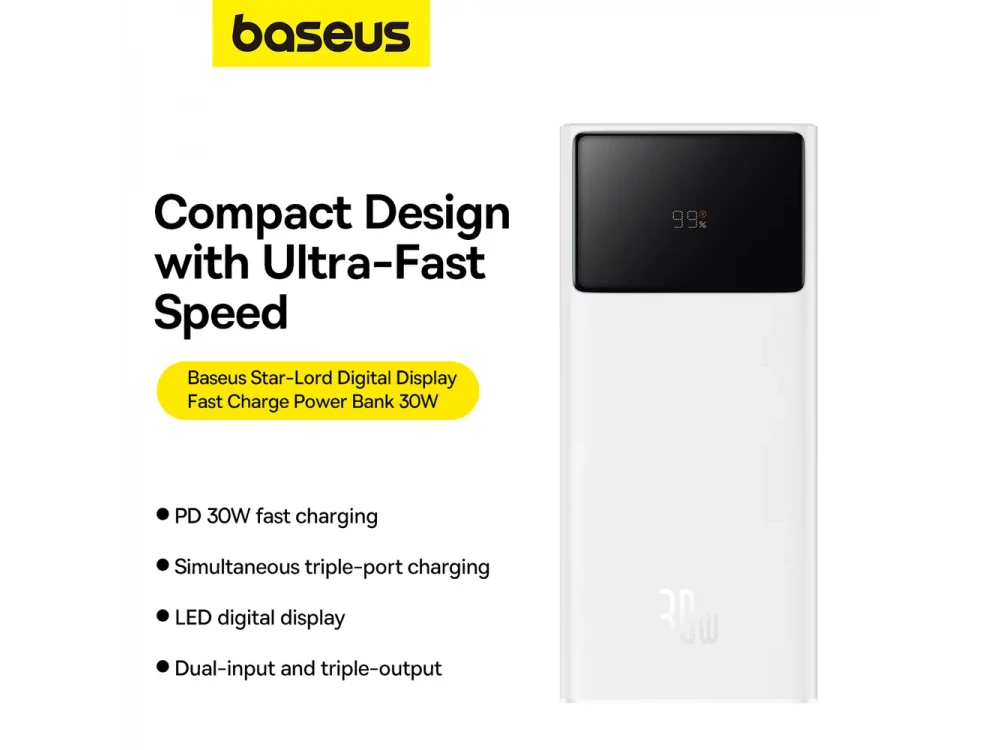 Baseus Star-Lord Power Bank 30k mAh, 30W, PowerIQ, PD, με Καλώδιο USB-A σε USB-C & Ένδειξη LED, White