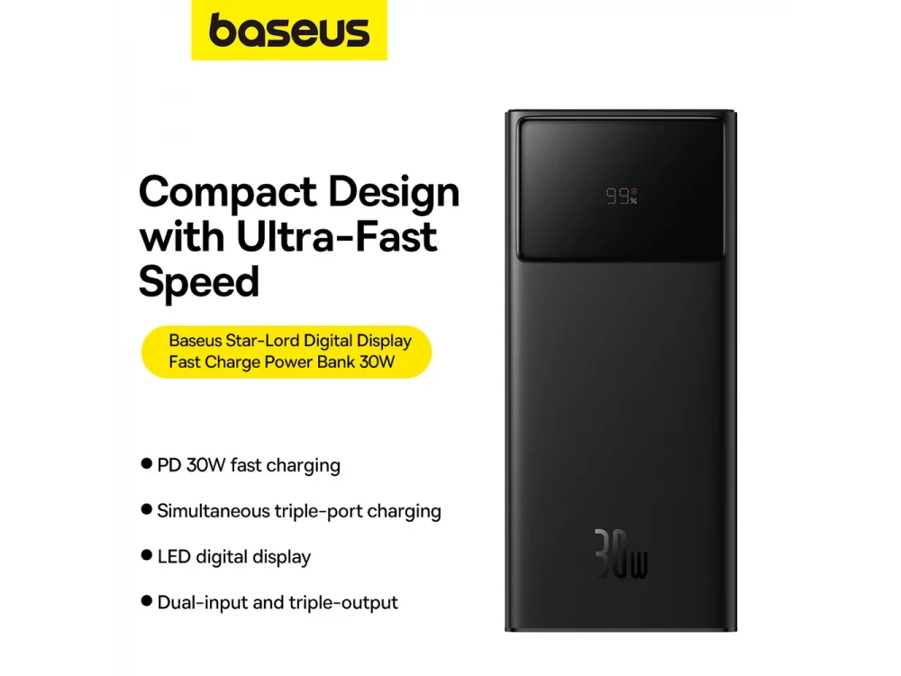 Baseus Star-Lord Power Bank 30000mAh 30W, With Digital Display, 2xUSB-A & 1xUSB-C Charging PD, FCP, AFC & Type-C Cable, Black