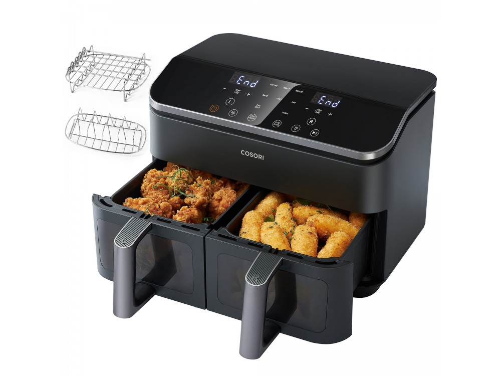 Cosori Dual Basket Air Fryer, Φριτέζα Αέρος XXL 8.5lt, με 2 Ξεχωριστούς Κάδους & Τζάμι Ελέγχου Ψησίματος, Έως 230°C