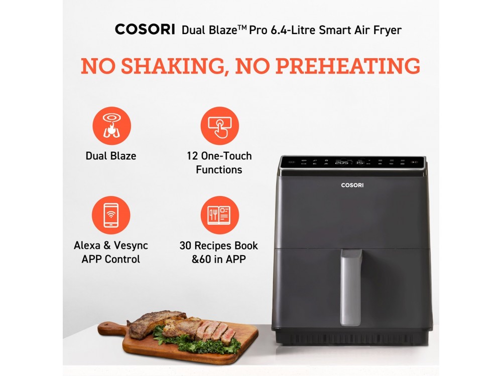 Cosori Dual Blaze Pro Air Fryer, Φριτέζα Αέρος XXL 6.4lt, 2 Heating Elements, 360° Air Circulation, με APP Control & Recipe Book