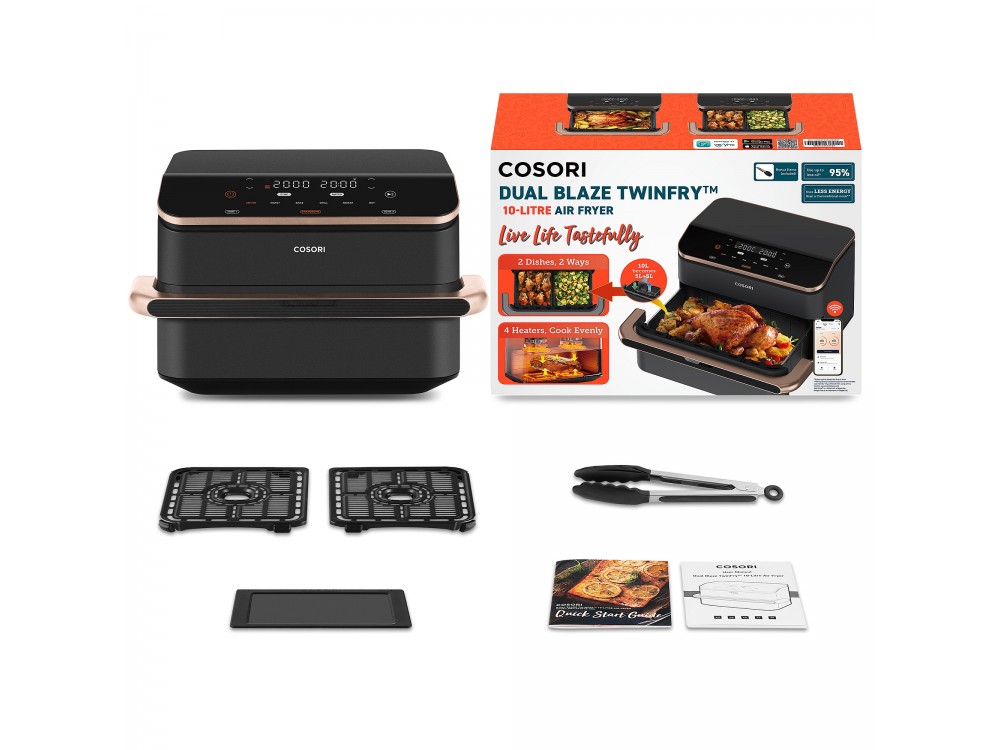 Cosori Dual Blaze TwinFry Air Fryer, Φριτέζα Αέρος XXL με Διπλό Αποσπώμενο Κάδο 10lt (5lt + 5lt) Τεχνολογία TermoIQ™ & WiFi