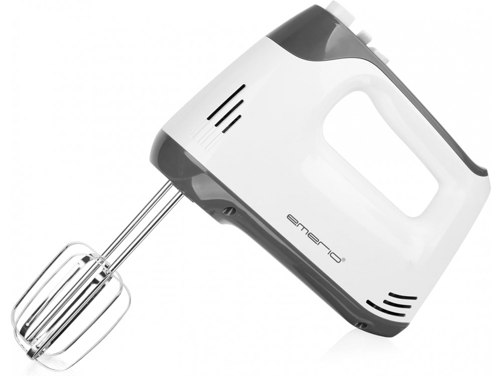 Emerio Electric Hand Mixer 400W, 5 Speeds with Turbo Button, Extra Long Whisk + Dough Hook in Stainless Steel, White