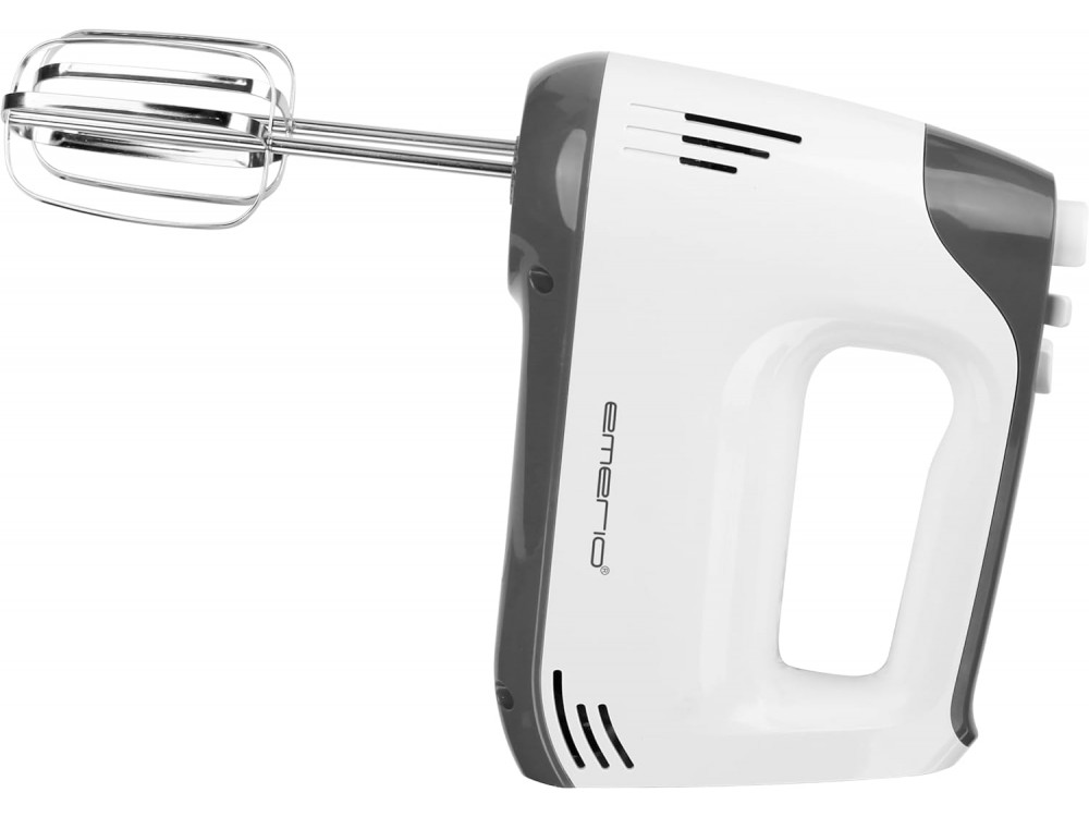 Emerio Electric Hand Mixer 400W, 5 Speeds with Turbo Button, Extra Long Whisk + Dough Hook in Stainless Steel, White