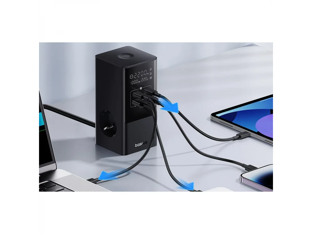 Baseus PowerCombo, Βάση Φόρτισης 100W, 2x AC, 2x USB-C, 2x USB-A με Καλώδιο 1.5m, Black