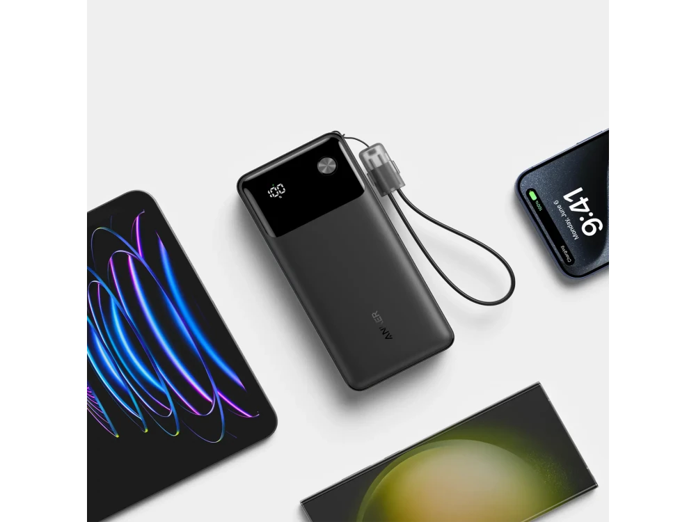 Anker Powercore Power Bank 20.000mAh, 30W, με Θύρες USB-A & USB-C & Lanyard Καλώδιο USB-C, Black