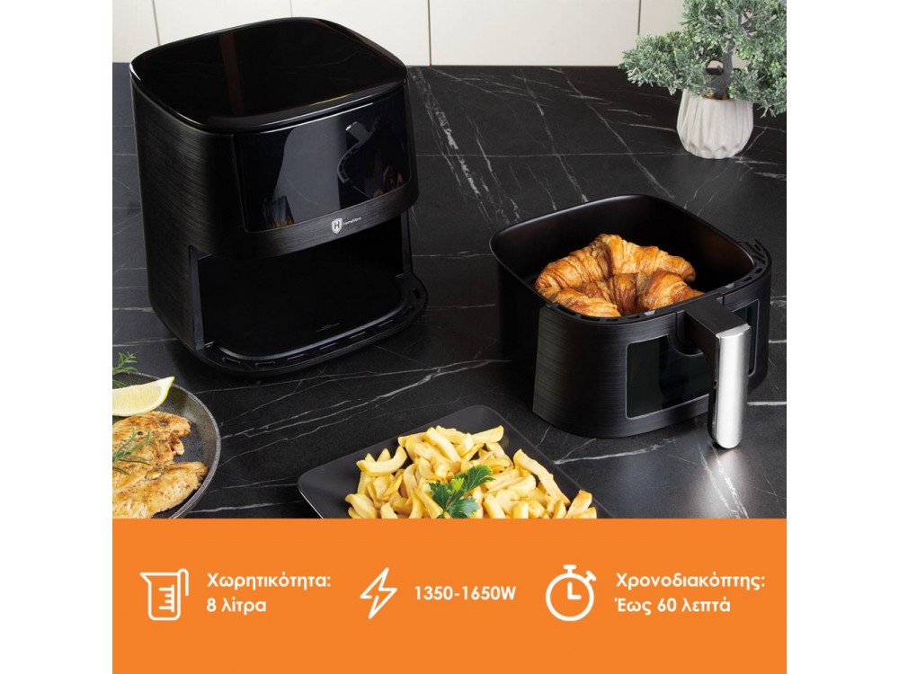 HomeVero Air Fryer, Φριτέζα Αέρος XXL 8lt για Υγιεινό Μαγείρεμα,με Τζάμι Ελέγχου Ψησίματος, 1650W, 11 Preset Menus & Touch Panel