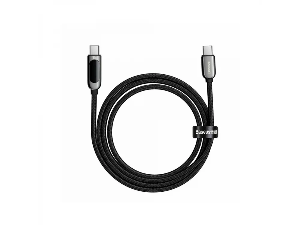 Baseus USB-C to USB-C Cable 2m. with Nylon weaving and LED Display, Support PD3.0/QC4.0/FCP & 5A / 100W, Black