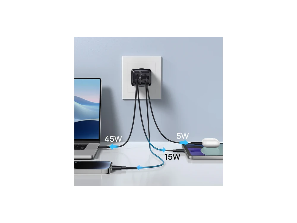 Baseus GaN6 Pro 4-Port Socket Charger 65W, PD, PPS, QC4+ with 2xUSB-C + 2xUSB-A Ports & USB-C to USB-C Cable, Black