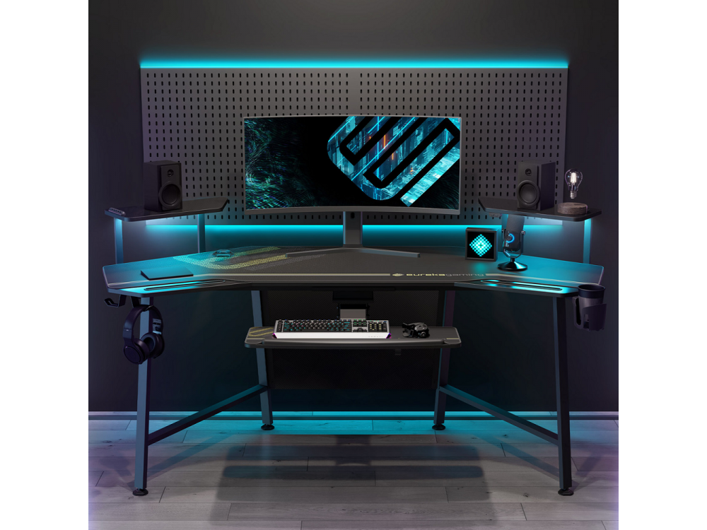 Eureka Ergonomic E70B Gaming Desk with Led Lights, Γραφείο Υπολογιστή Carbon Fiber με RGB, Black