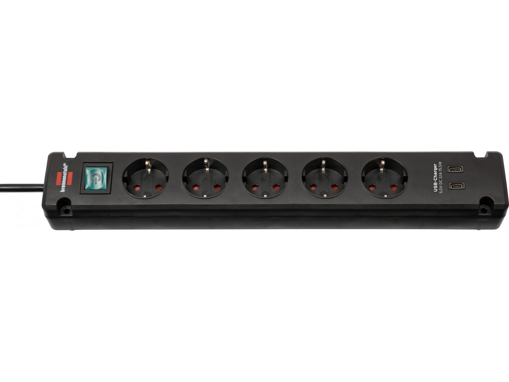 Brennenstuhl Bremounta 6-outlet Extension socket, Multi-socket with 2 ports TYPE-C Switch, Screw Capability & 3M Cable, Black