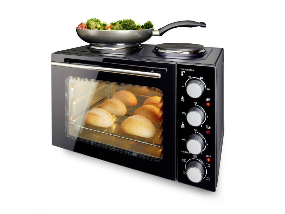 Emerio Mini Oven, Φουρνάκι 32L με 2 Εστίες, Λειτουργία Αέρα, Built-In Light, Διπλή Θερμομονωτική Πόρτα, Black