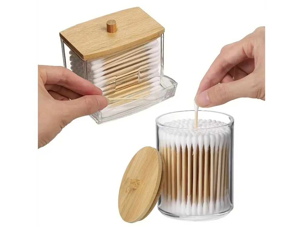 AJ Plastic Swab Dispenser with Wooden Lids, Plastic Storage Jars for Swabs, Cotton Pads & Cotton Balls, Set of 3