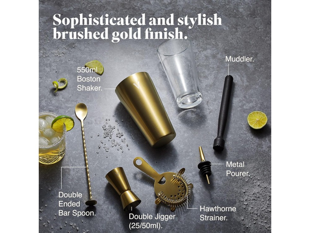 VonShef Gold Cocktail Set 6τμχ., Σετ για Κοκτέιλ από Ανοξείδωτο Ατσάλι με 550ml Shaker, Gold