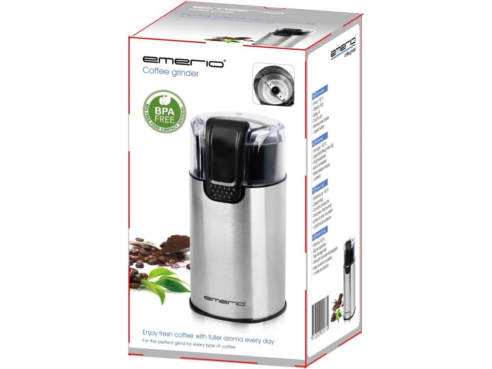 Emerio Electric Stainless Steel Coffee Grinder, Ηλεκτρικός Μύλος Καφέ με Χωρητικότητα 60gr, Silver