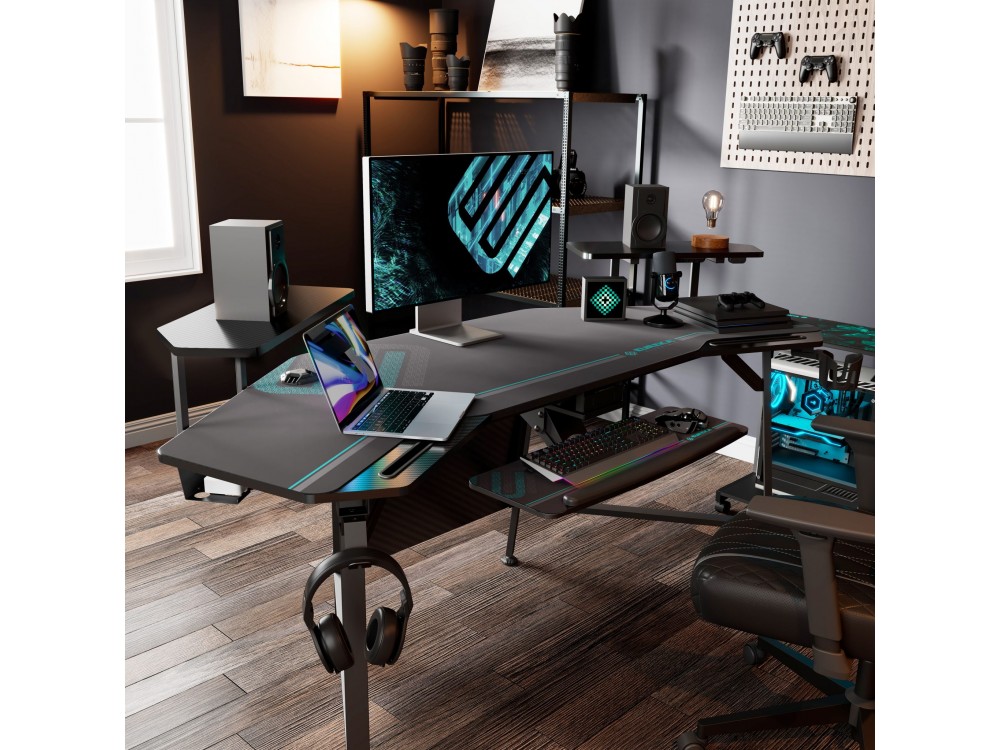 Eureka Ergonomic E70B Gaming Desk with Led Lights, Γραφείο Υπολογιστή Carbon Fiber με RGB, Black