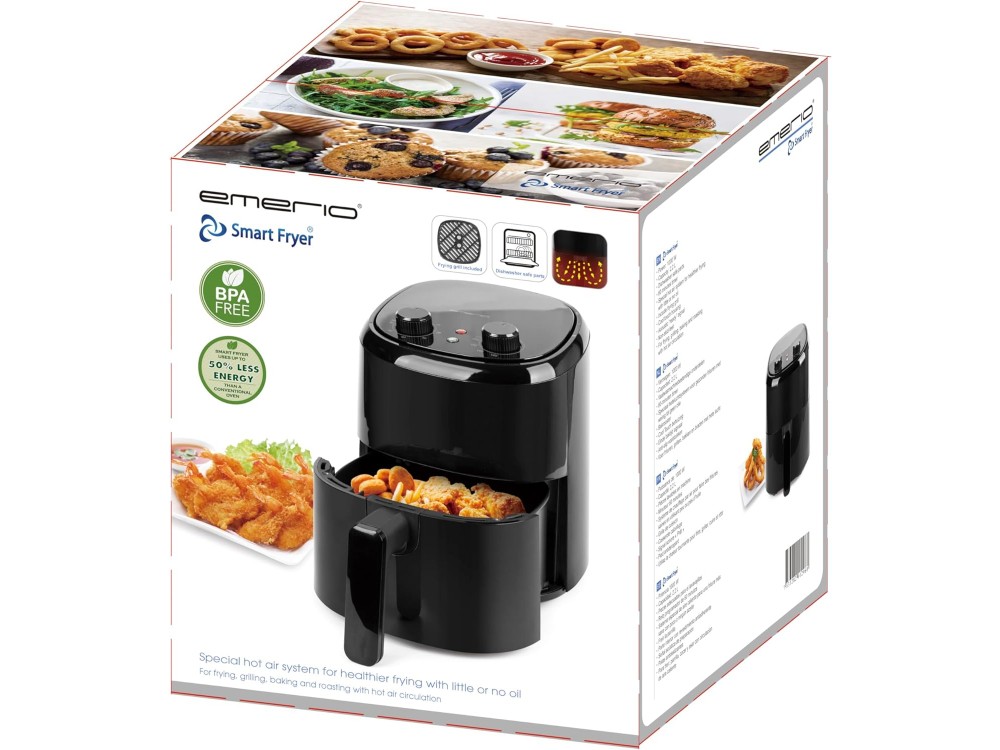 Emerio Air Fryer, Φριτέζα Αέρος 2.2lt για Υγιεινό Μαγείρεμα, BPA free με Cool Touch & Χρονοδιακόπτη 60 Λεπτών, Μαύρη