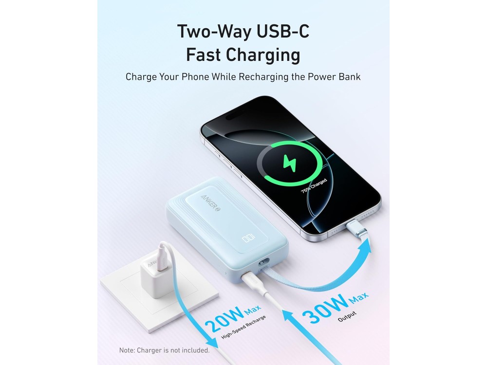 Anker Zolo Power Bank 10,000mAh, 30W, with USB-A, USB-C Ports & Built-in USB-C Cable, White