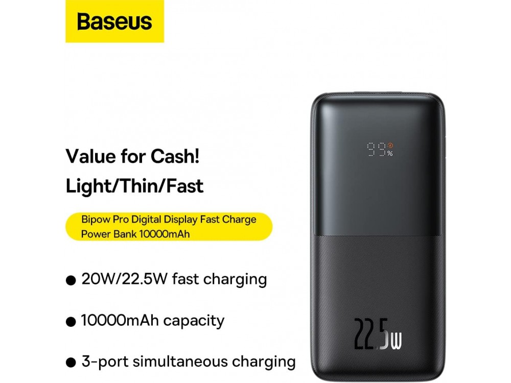 Baseus Bipow Pro Power Bank 10000mAh 22.5W with 2xUSB-A & 1xUSB-C Ports, Black