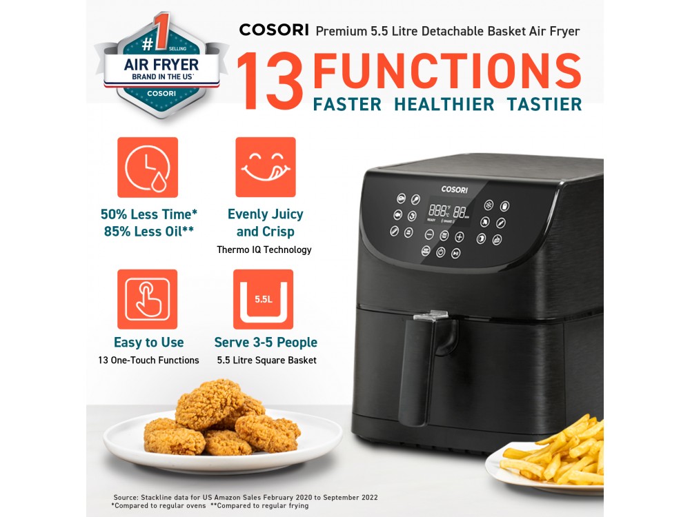 Cosori Air Fryer, Φριτέζα Αέρος XL 5.5lt για Υγιεινό Μαγείρεμα, 1700W, Touch Control, 11 Preset Menus & 100 Recipes Book