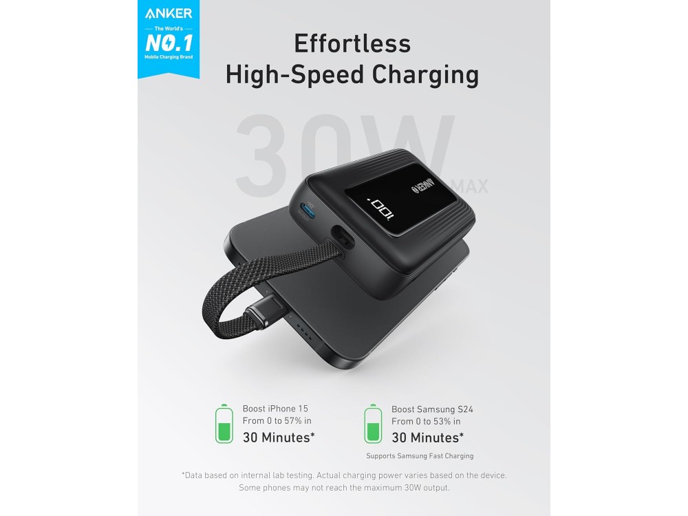 Anker Zolo Power Bank 10,000mAh, 30W, with USB-A, USB-C Ports & Built-in USB-C Cable, Black