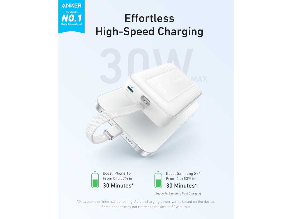 Anker Zolo Power Bank 10,000mAh, 30W, with USB-A, USB-C Ports & Built-in USB-C Cable, White