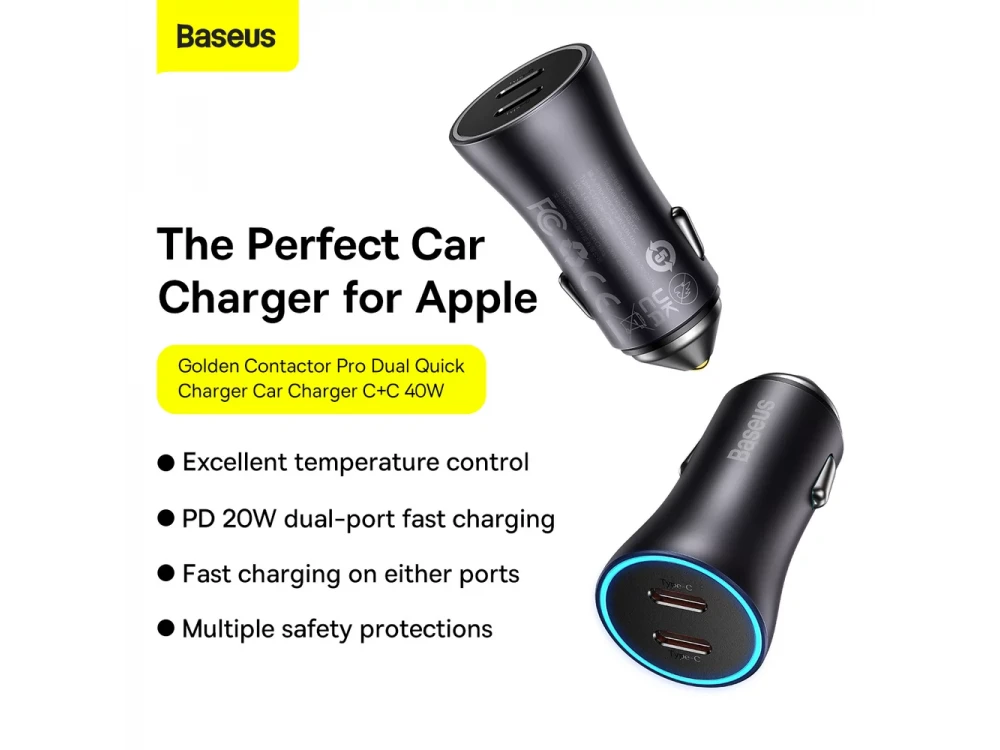 Baseus Golden Contactor Max Dual, Car Charger BPS2.0 40W, PD with 2 USB-C Ports, Black