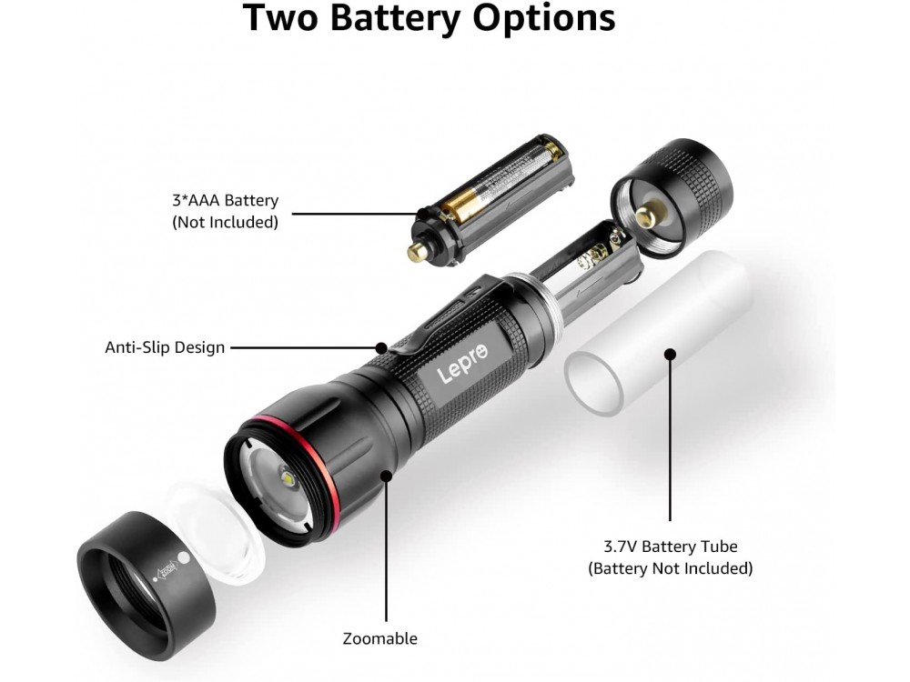 LE Professional LED LE2050 Flashlight, 300 Lumens, Αδιάβροχος IPX4 με Λειτουργία Focus, Μαύρος, Σετ των 2