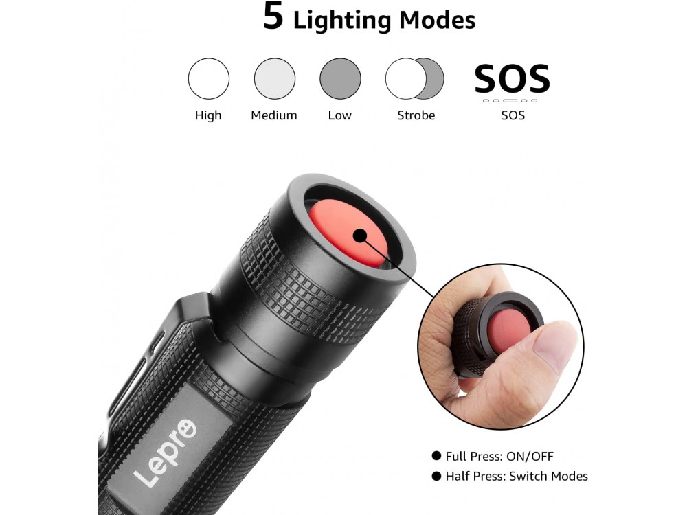 LE Professional LED LE2050 Flashlight, 300 Lumens, Αδιάβροχος IPX4 με Λειτουργία Focus, Μαύρος, Σετ των 2