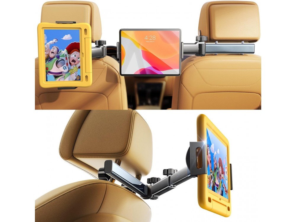 Lisen Tablet Holder for Car Headrest, for Smartphone and Tablet, with expandible arm and adjustable clamps, Black