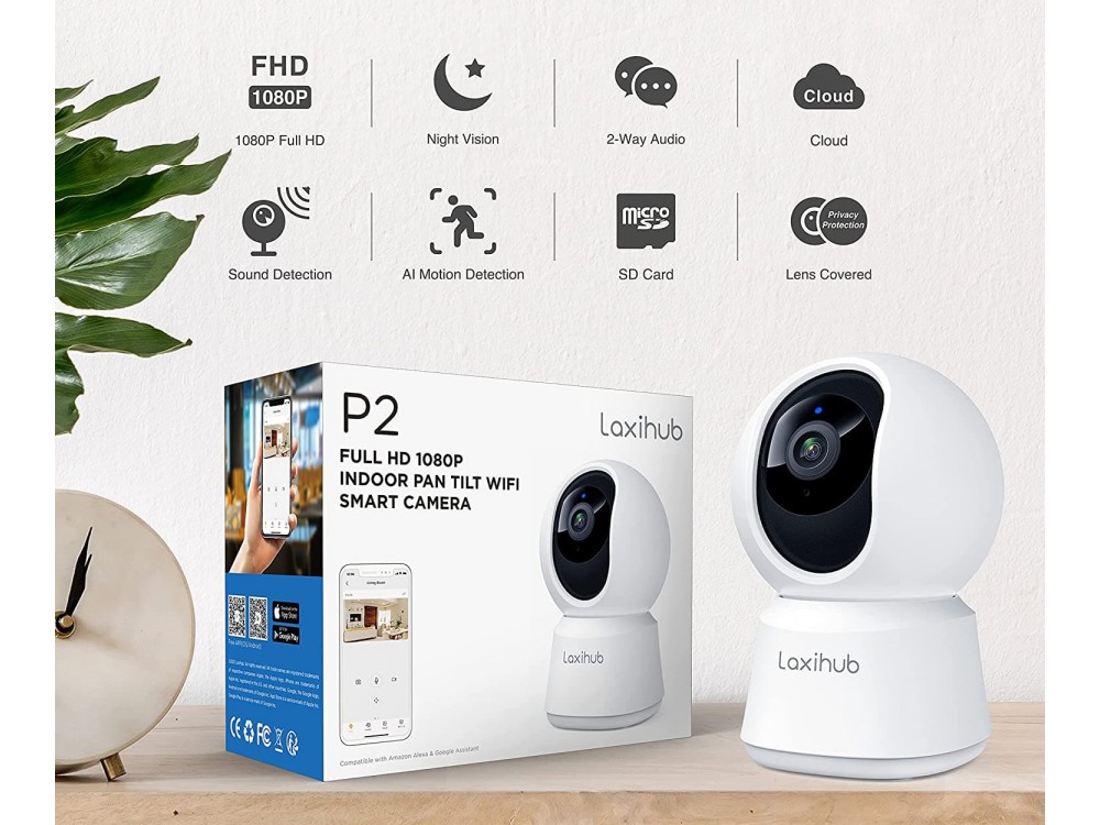 Laxihub P2 IP Camera 1080p, Pan & Tilt, Νυχτερινή όραση, 2-Way Audio, WiFi και ανίχνευση κίνησης με Human AI