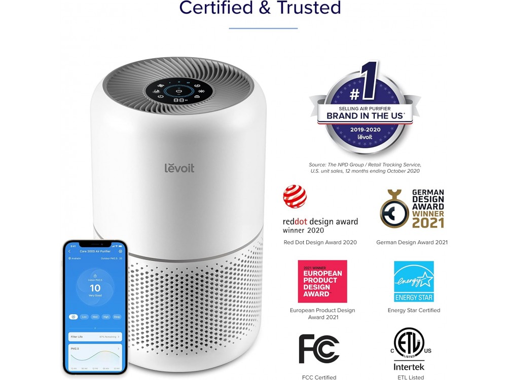 Levoit Core 300S Smart Air Purifier, Καθαριστής Αέρα με φίλτρο HEPA & Air Quality Sensor, Timer, 4 Displaying Colors & App