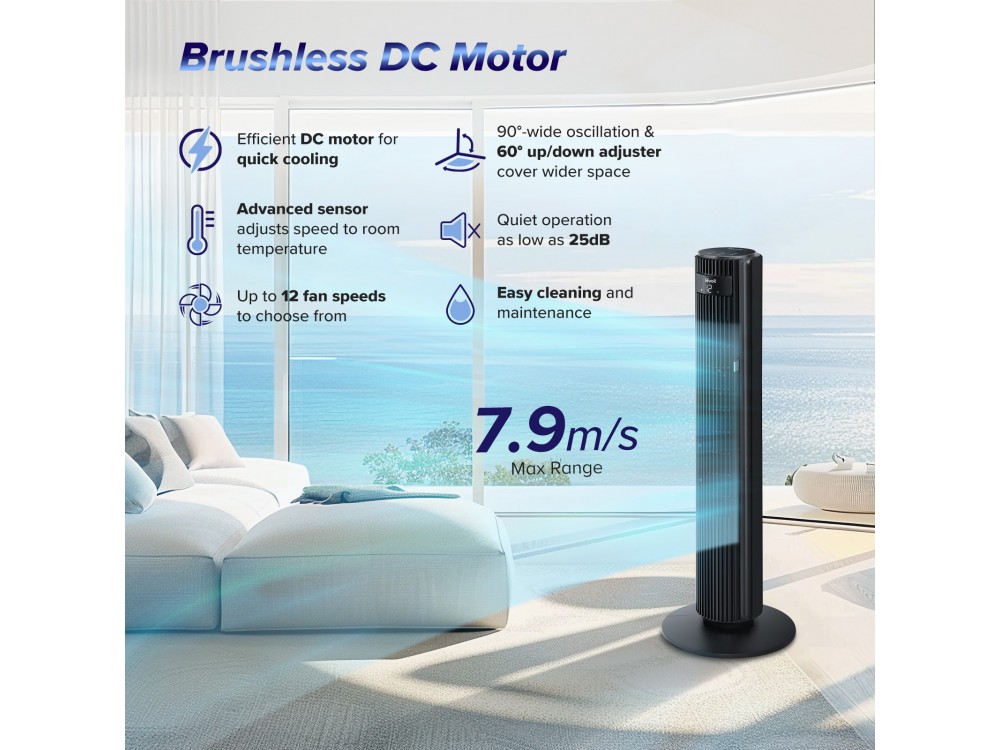 Levoit TempSense 42 Extra Quiet 20dB 7.9m/s Ανεμιστήρας Tower 42” / 107cm με DC Motor, LED Οθόνη, 90° Oscillating Remote & Timer