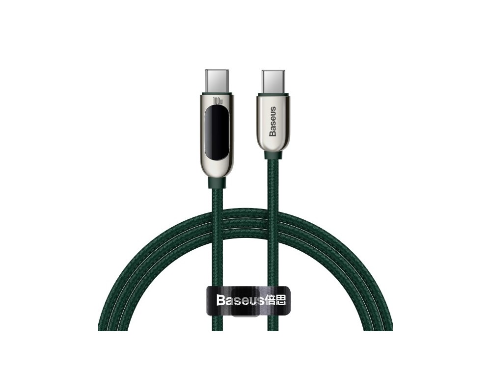 Baseus USB-C to USB-C Cable 1m. with Nylon weaving and LED Display, Support PD3.0/QC4.0/FCP & 5A / 100W, Green