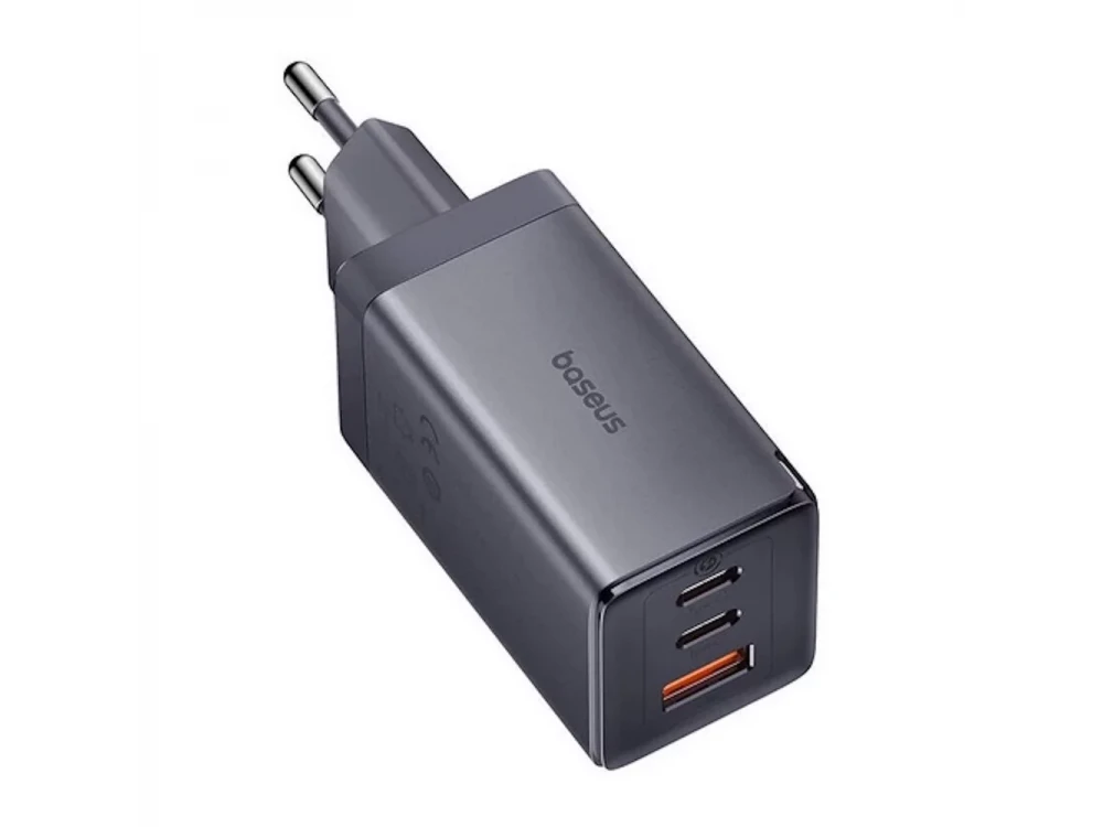 Baseus GaN5 3-Port PD Fast Charger, Φορτιστής πρίζας 3-θυρών 65W με Power Delivery, PPS, QC3.0, SCP, AFC & Καλώδιο Type-C, Black