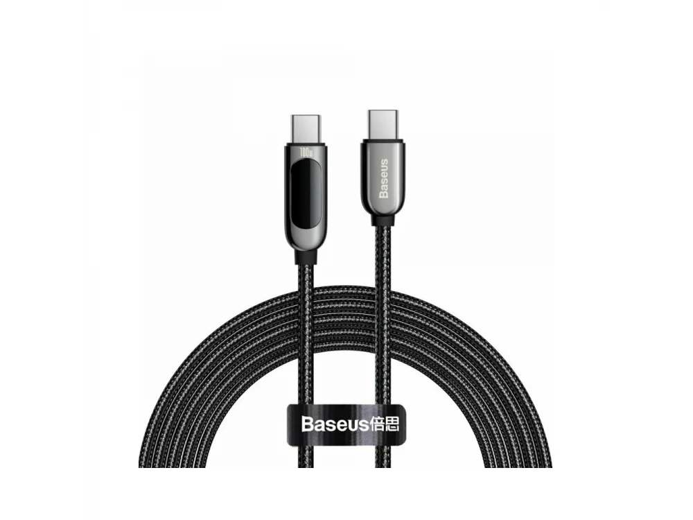 Baseus USB-C to USB-C Cable 2m. with Nylon weaving and LED Display, Support PD3.0/QC4.0/FCP & 5A / 100W, Black