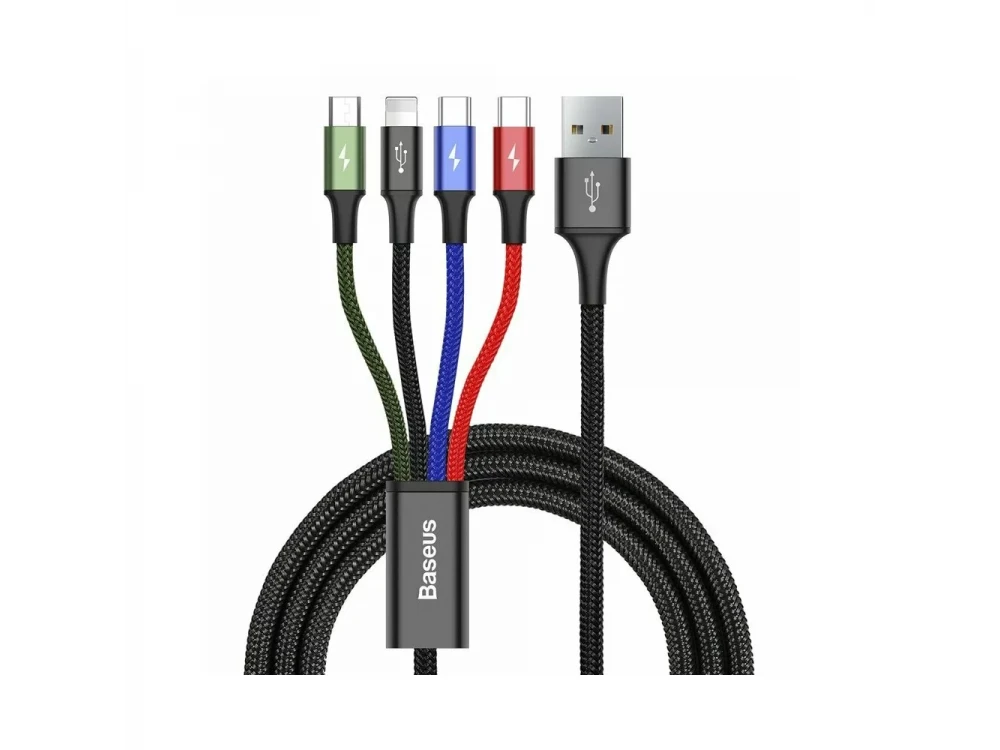 Baseus Fast 4-in-1 Lightning/2*Type-C/Micro USB Καλώδιο, 1.2μ. με Νάυλον Ύφανση, Μαύρο